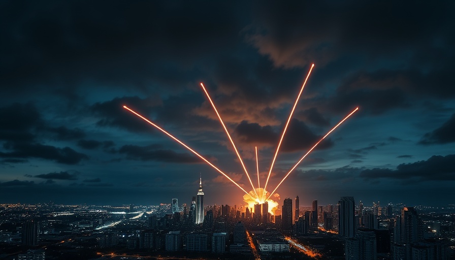 Iran Israel conflict strikes depicted by rocket trails over city at night.