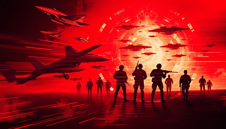 Dynamic abstract image showing military aircraft and soldier silhouettes with red overlay, highlighting Iran military actions deter Israel context.