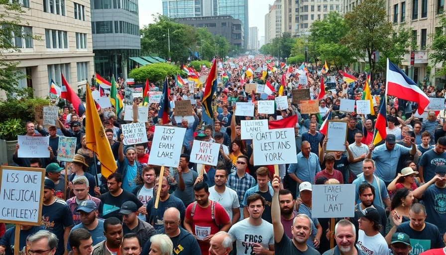 Crowd protesting against Trump's authoritarian policies, showing diverse signs and flags.