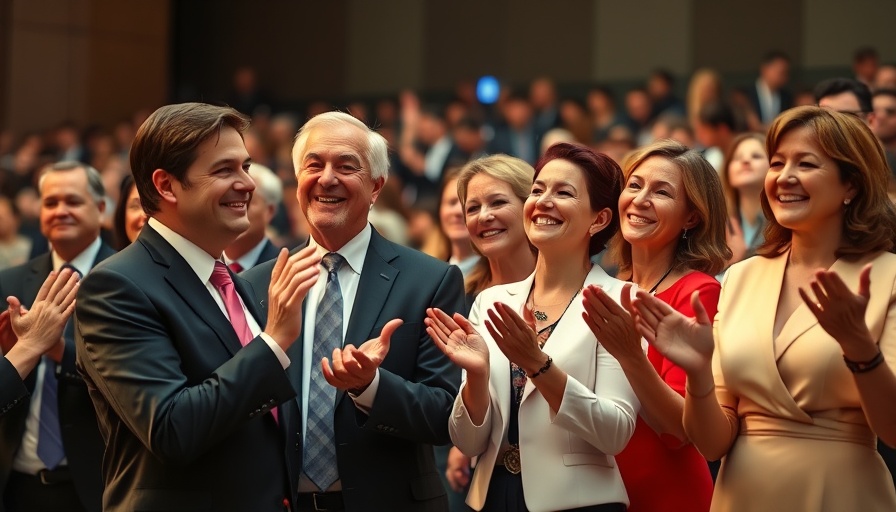 Group at formal event clapping and smiling in daylight.