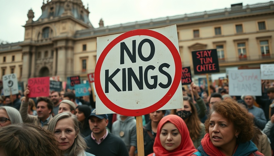No Kings protests influence with large crowd in front of a building.