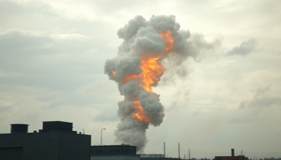 Billowing smoke and flames in industrial area under overcast sky.