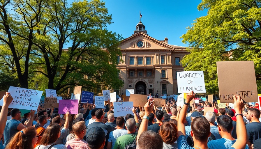 Protesters gather with signs in front of historic building.