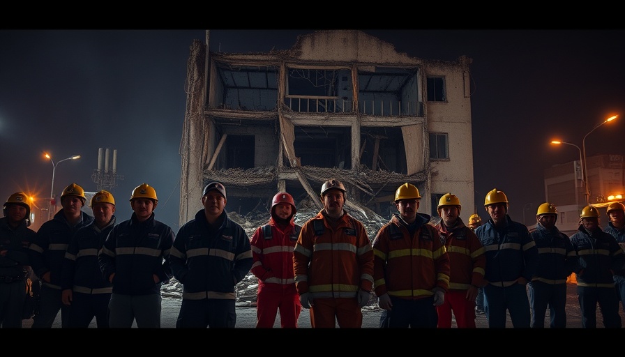 Rescue workers assess damage at night