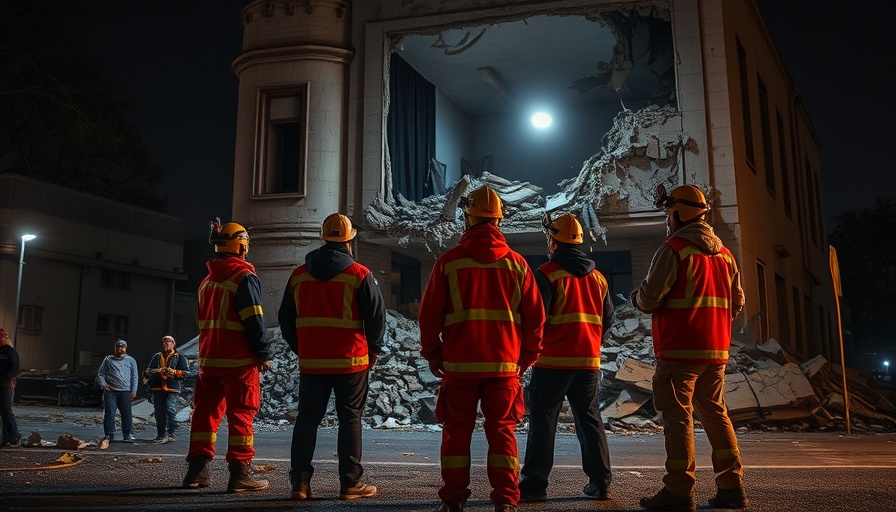 Rescue team evaluating building damage at night