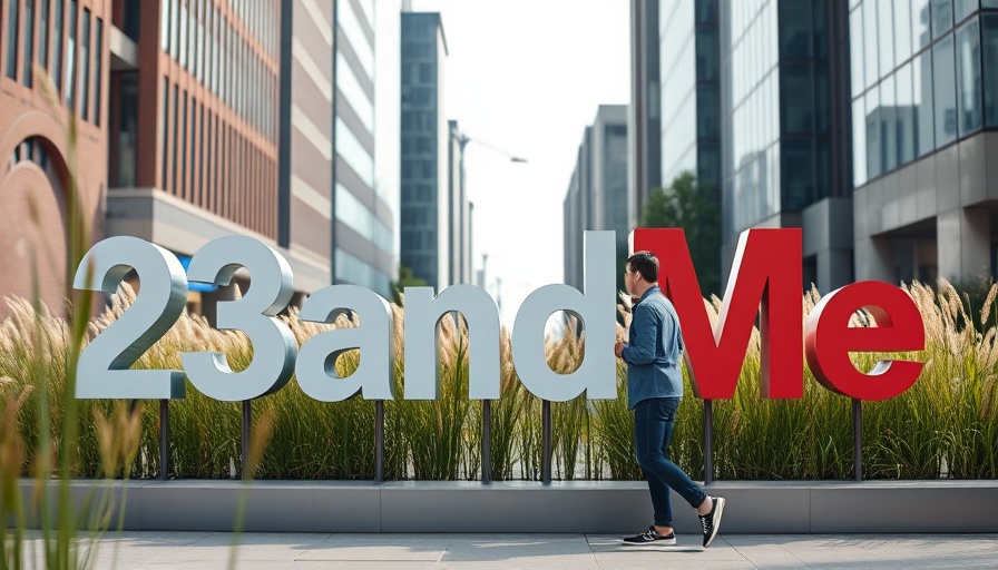 Colorful 23andMe logo in urban setting, person walking by.