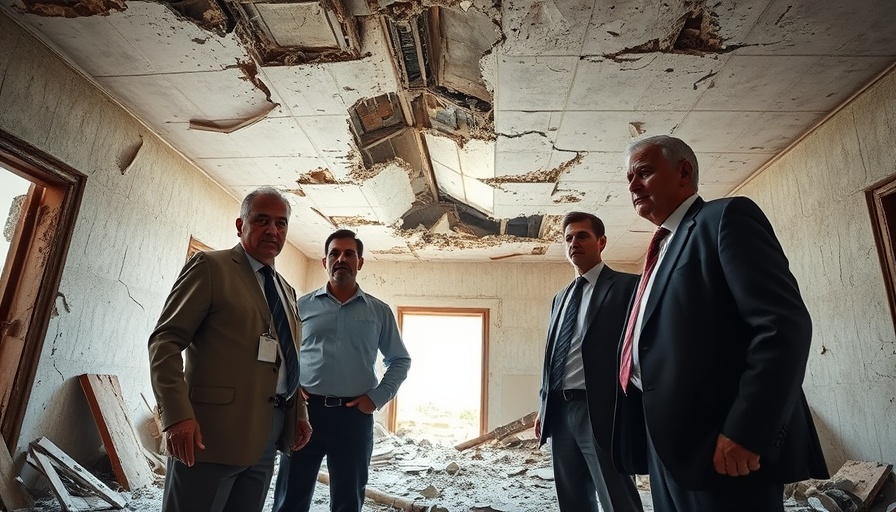 Officials survey a damaged building, reflecting Netanyahu's stance on Iran.