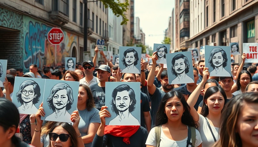 Protesters holding portraits during a street protest, vibrant setting.