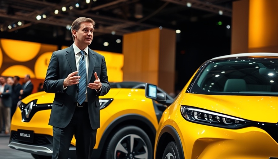 Executive presenting next to yellow Renault car at convention