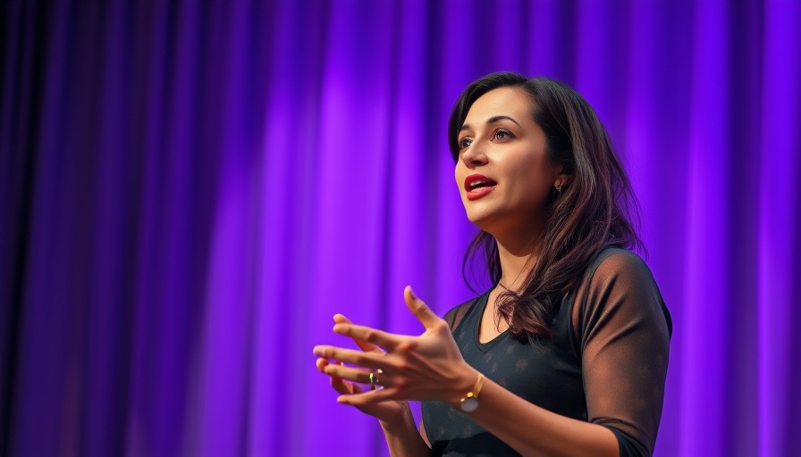 Engaged woman speaking about UK infrastructure plan under purple lighting.