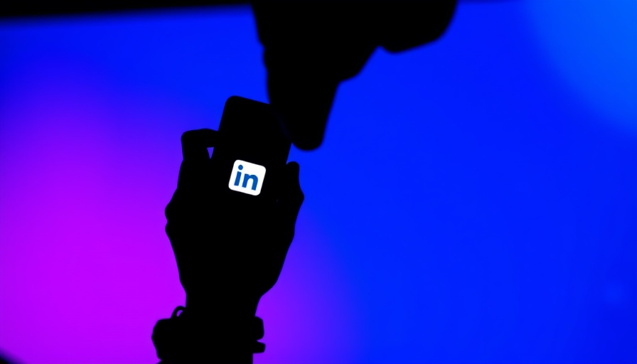 LinkedIn logo on phone screen held by a silhouette in blue-pink lighting.