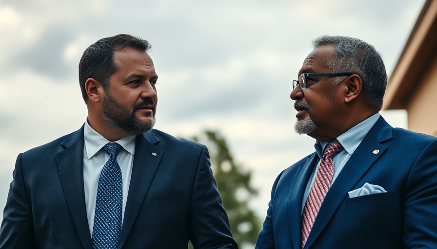 Two men discussing outdoors against a cloudy sky backdrop.