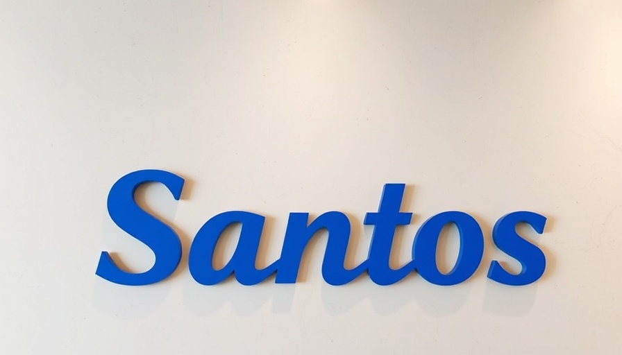 Bold blue Santos logo on a textured light wall