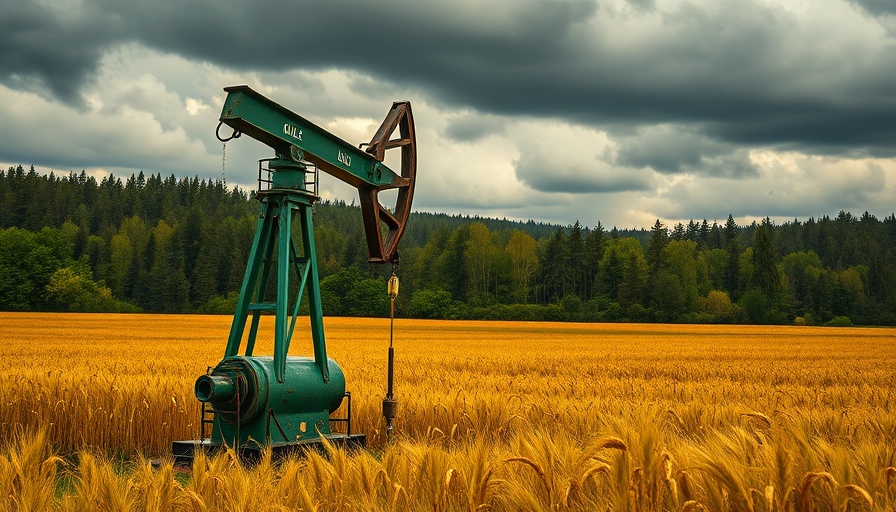 Oil pump jack operating in wheat field with cloudy sky background.