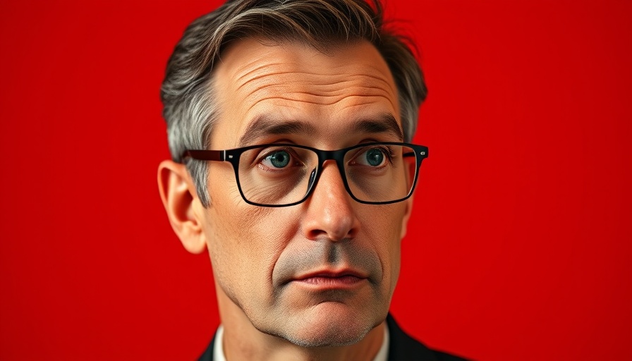 Contemplative middle-aged man in glasses against red background.