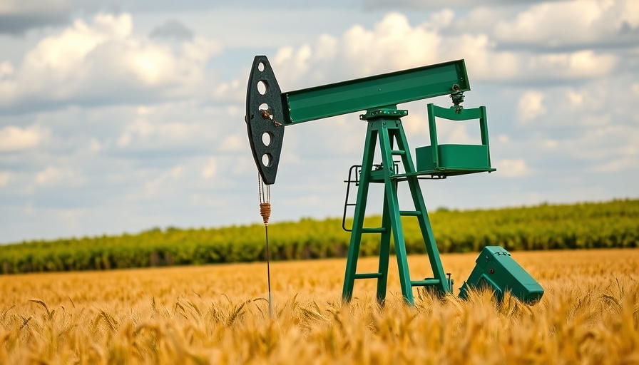 Green oil pump jack in wheat field with lush background.