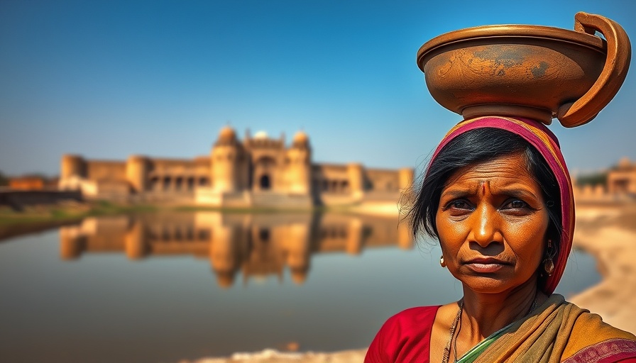 Rural Indian woman carrying water by ancient fort, highlighting groundwater crisis.