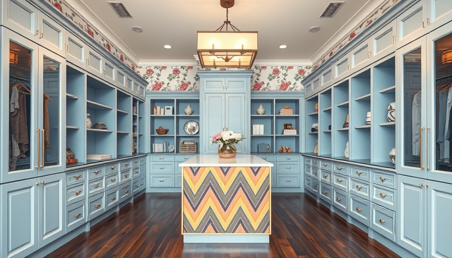 Chic walk-in closet renovation with floral wallpaper and blue cabinets.