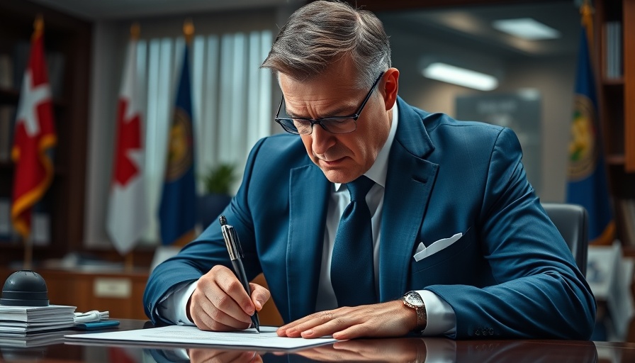 Focused man in blue suit signing document in office setting.