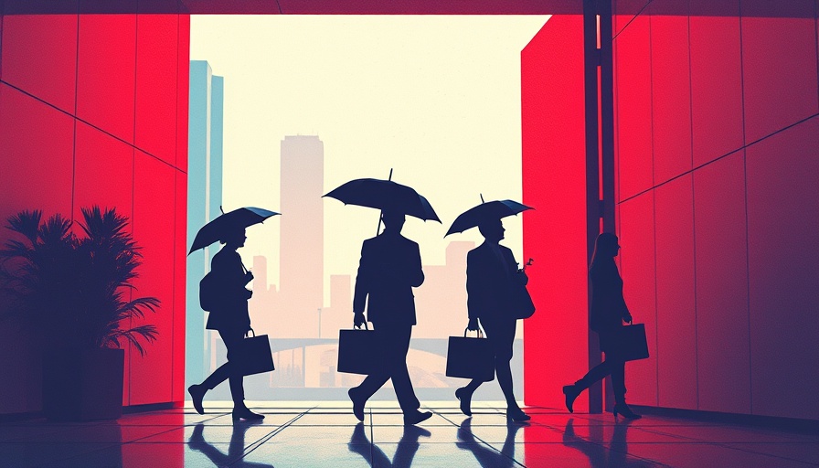 Abstract illustration representing 2025 tech layoffs with silhouettes and umbrellas.