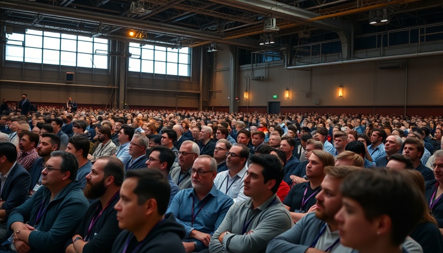 Engaged audience at TechCrunch All Stage passes conference in an industrial hall.