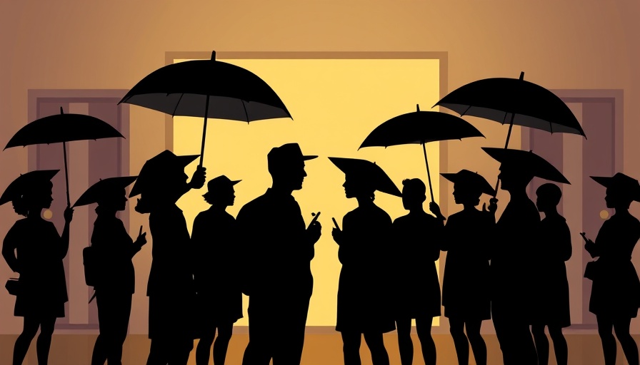Abstract representation of 2025 tech layoffs with silhouetted figures and umbrellas.