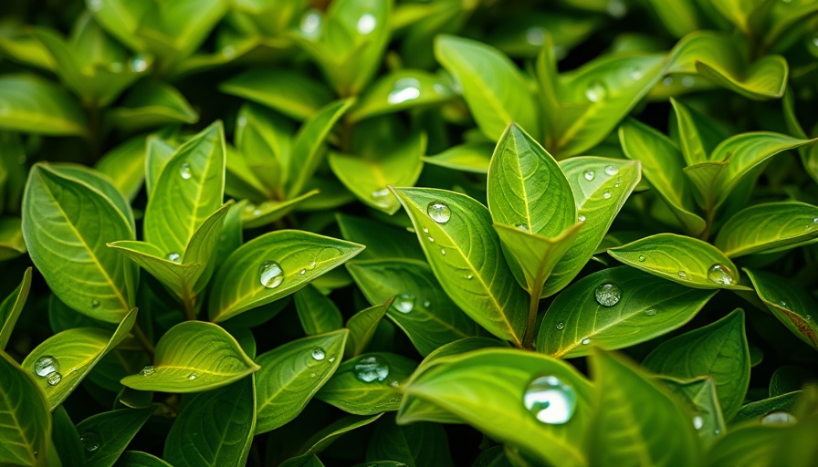 Close-up of fresh tea leaves with droplets in a lush garden.