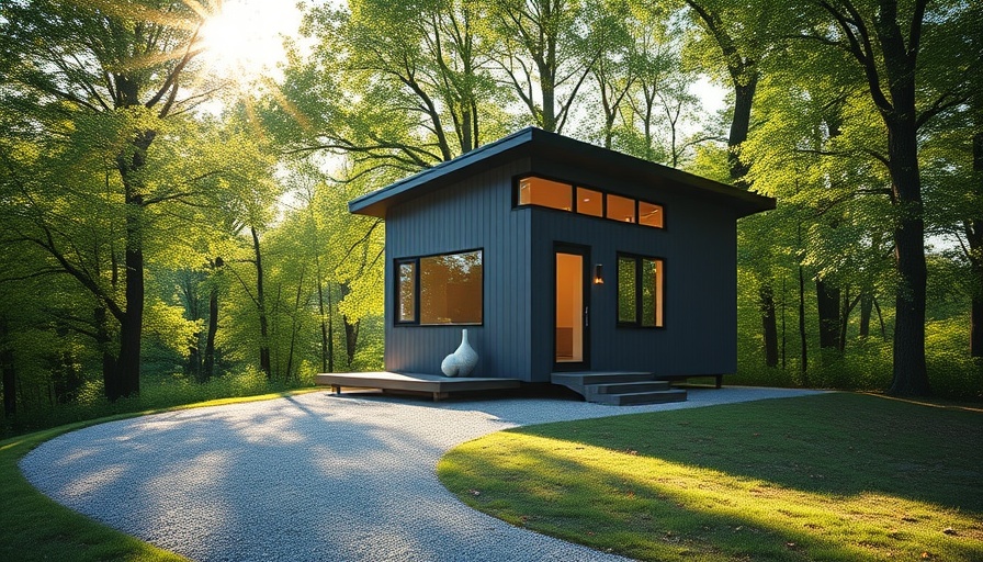 Modern granny pod surrounded by trees and sunlight on a clear day.