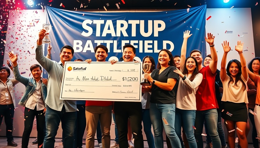Startup Battlefield 200 winners celebrate with trophy and check.