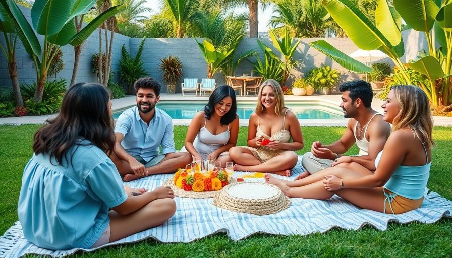 Outdoor baby shower gathering in a lush garden with friends and tropical decor.