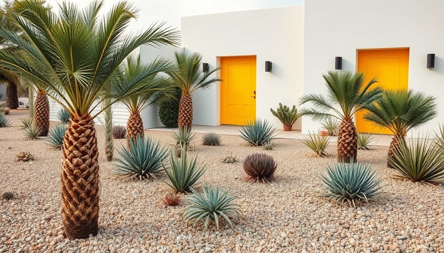 Xeriscape garden with palms and gravel in front of modern home.