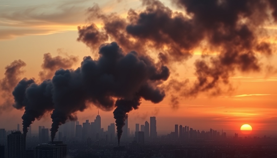 Smoke rises over city skyline at sunset during Middle East crisis.