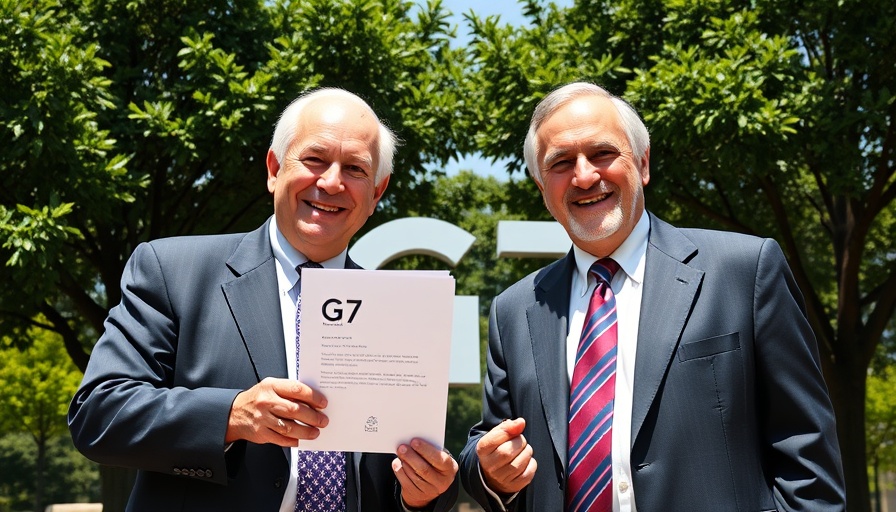 US-UK trade deal discussion at G7, two men with document.