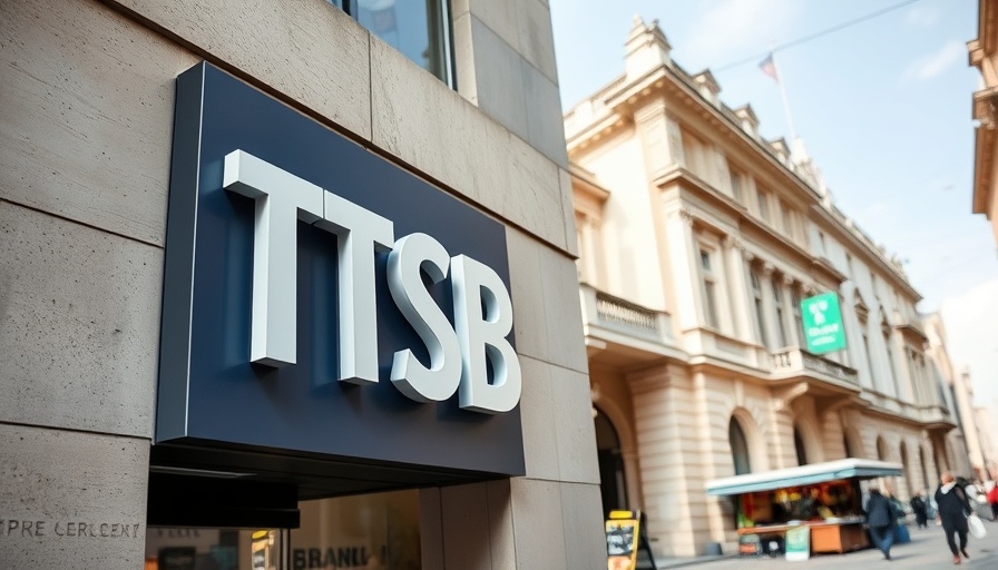 TSB Bank sign with historical background, Sabadell sale of UK bank TSB.