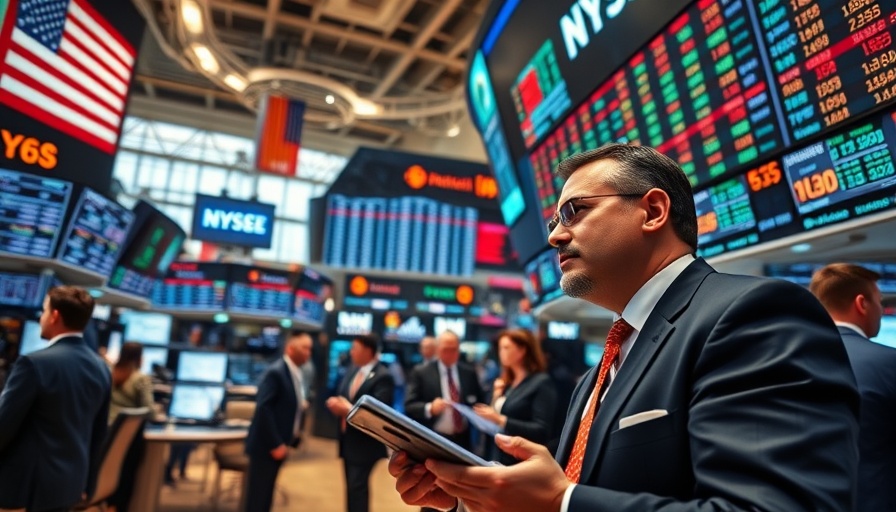 Stock exchange trading floor with professionals and screens showing market trends