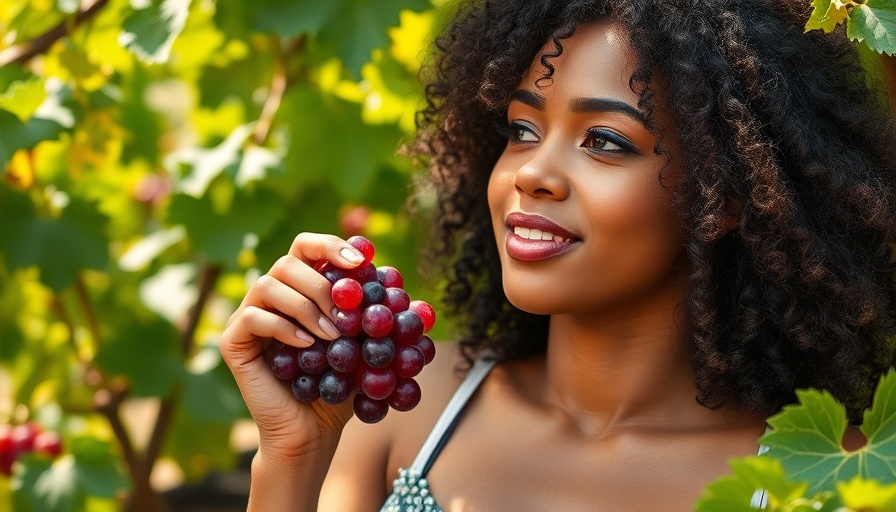 Curly-haired woman enjoys grapes outdoors to sleep better.