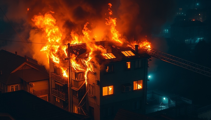 Urban building engulfed in flames at night, dramatic scene.