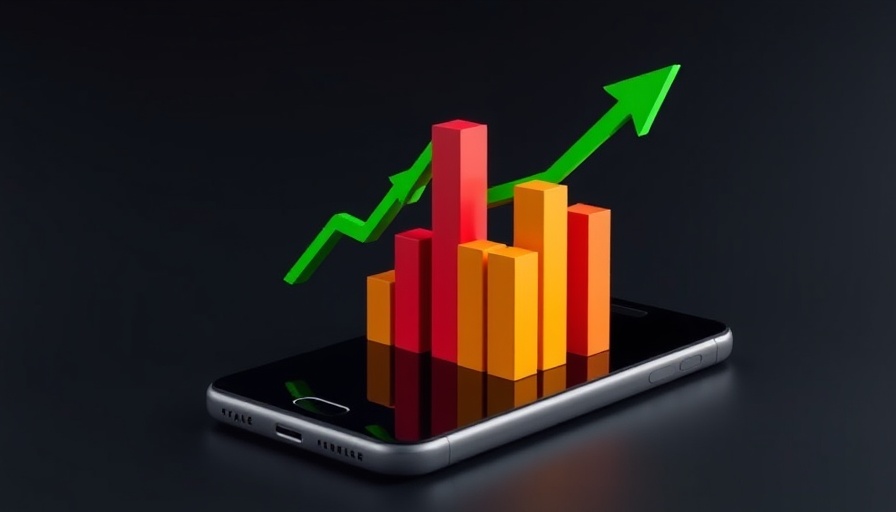 Stock market news concept with 3D bar chart and smartphone.