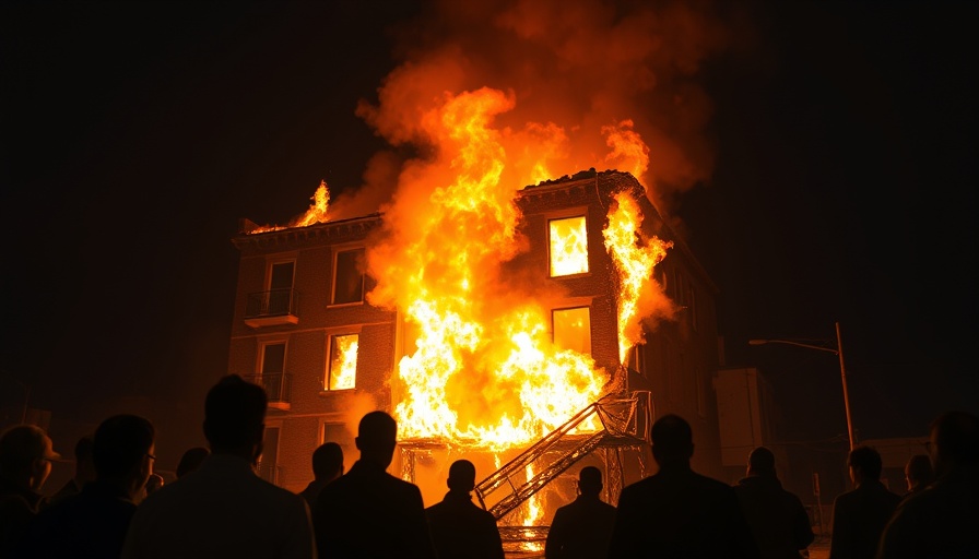 Building engulfed in fire with silhouettes at night. Lennar B earnings report.