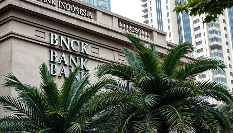 Bank Indonesia building facade with palm trees.