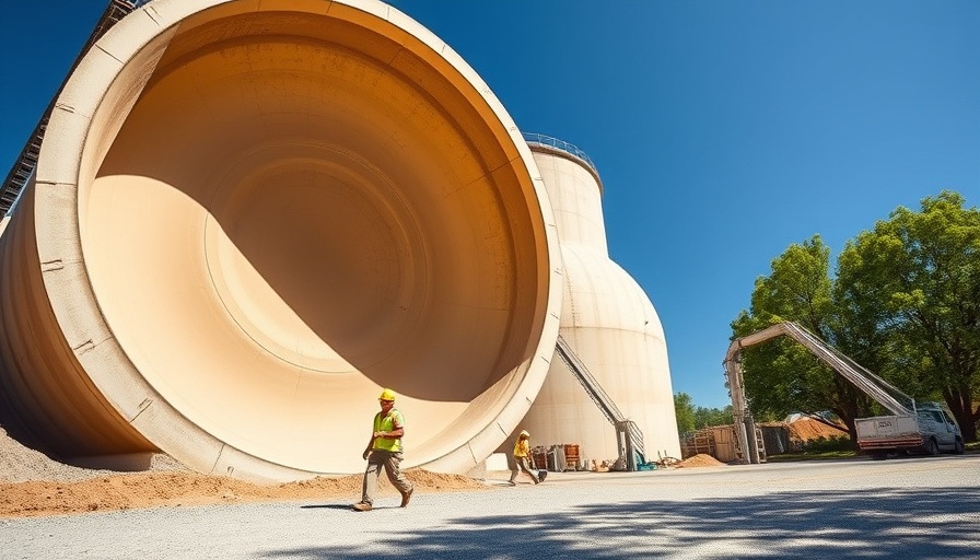 Sand battery facility with workers under a blue sky.
