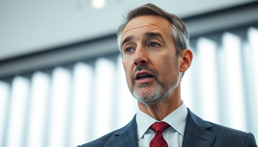 Middle-aged man speaking formally in a modern setting.