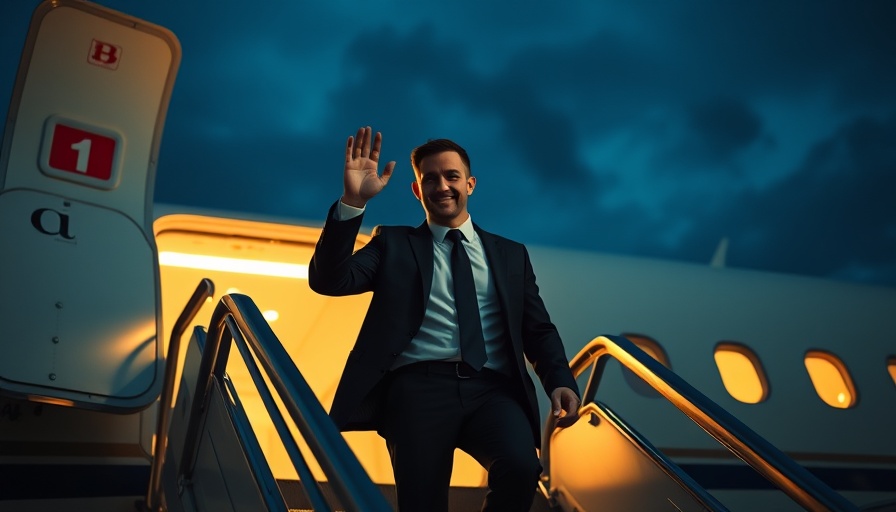 G7 leaders summit updates: Man waving from aircraft stairs at night.