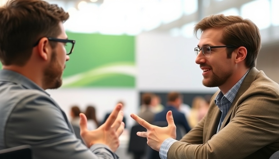 Young man discussing business startup funding at a conference.