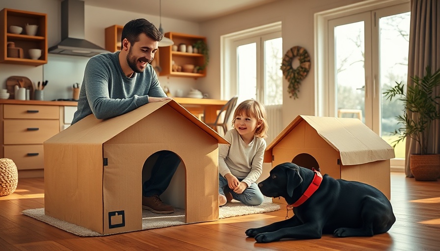 Family with black labrador sitting by DIY dog house in living room.