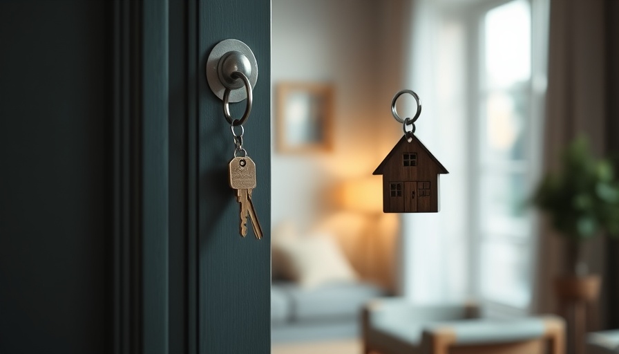 Key with house keychain in door, concept for real estate decisions.