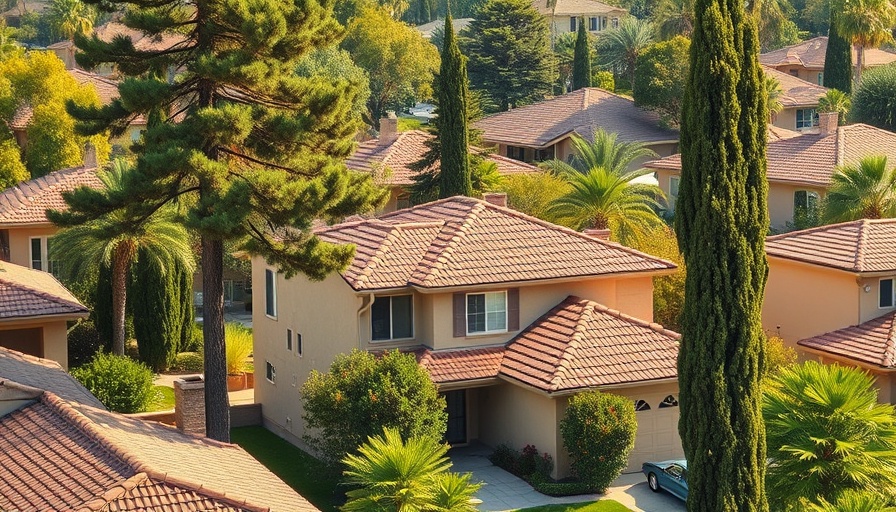 Suburban house with beige walls and red-tiled roof surrounded by greenery.