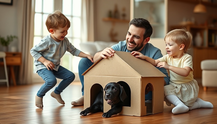 Father and kids with dog near DIY dog house