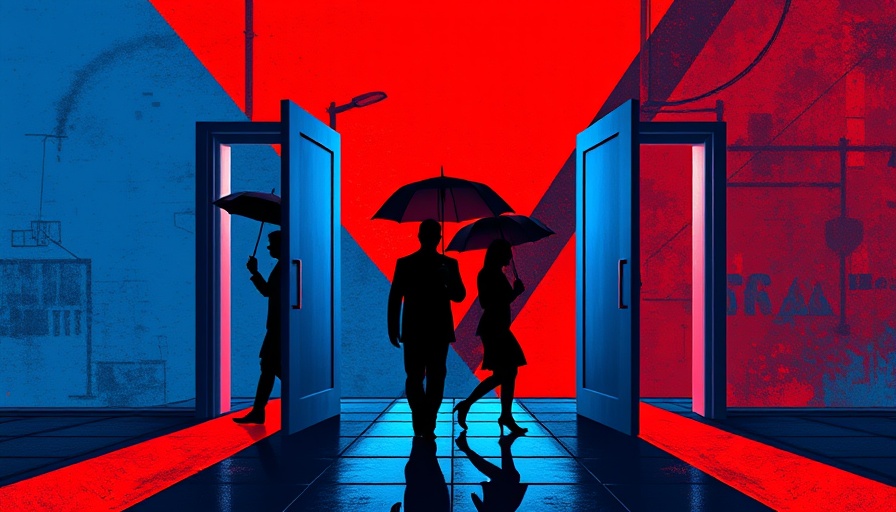 2025 tech layoffs concept with abstract figures walking through doors.