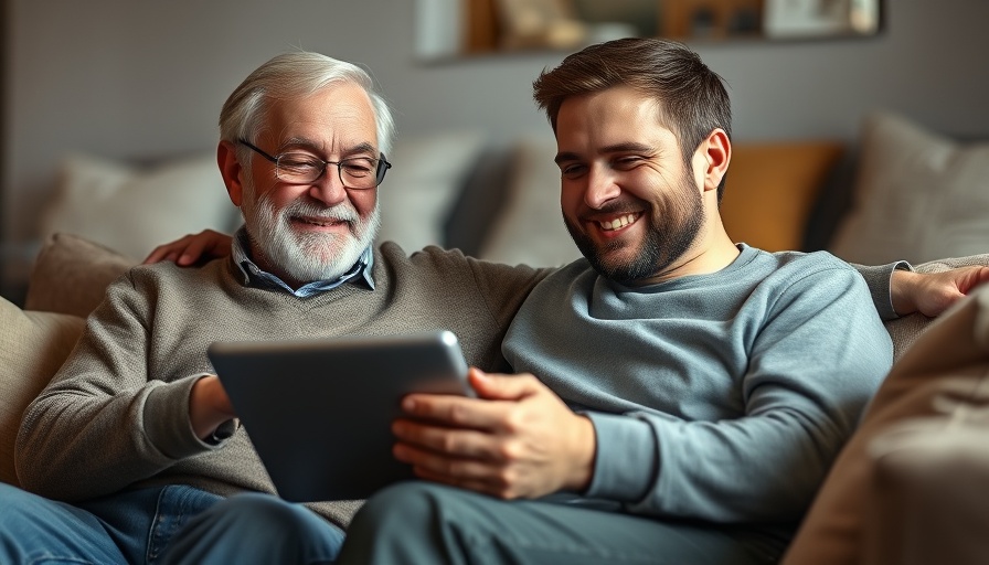 Elderly man and young man discussing home purchase, looking at tablet.